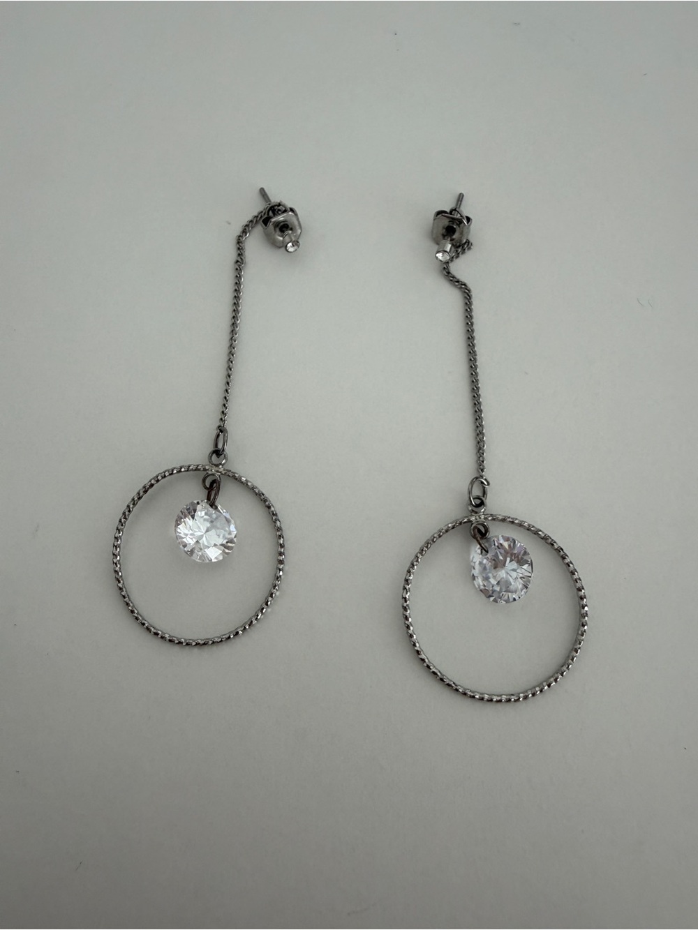 Silver Dangle Hoop Earrings with Clear Crystal Accent